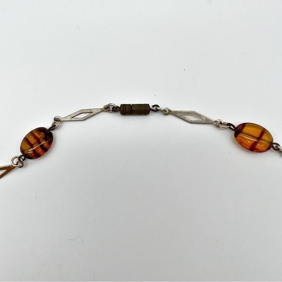 Gold Tone Diamond Shape Chain Amber Glass Striped Round Flat Bead Necklace 28” - Picture 9 of 10